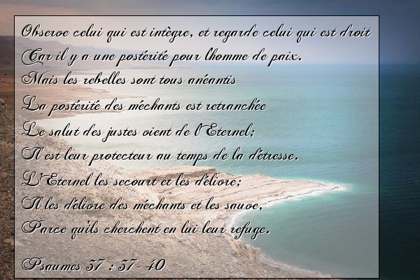 Observe celui qui est intègre, et regarde celui qui est droit  Car il y a une postérité pour l'homme de paix.   Mais les rebelles sont tous anéantis,   La postérité des méchants est retranchée.  Le salut des justes vient de l'Eternel;   Il est leur protecteur au temps de la détresse.  L'Eternel les secourt et les délivre;   Il les délivre des méchants et les sauve,   Parce qu'ils cherchent en lui leur refuge.  